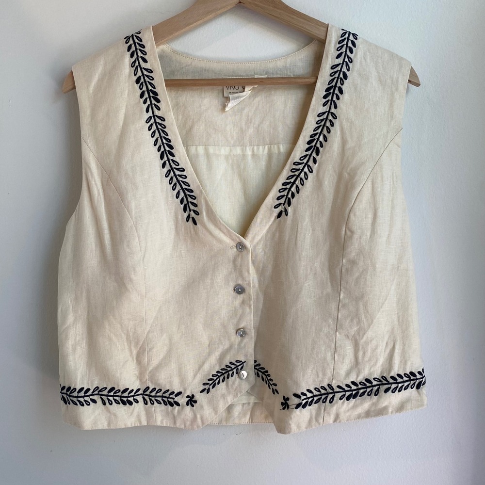 VRG GRL Embroidered Linen Vest Women 10 Cream Floral Boho Coastal Cowgirl